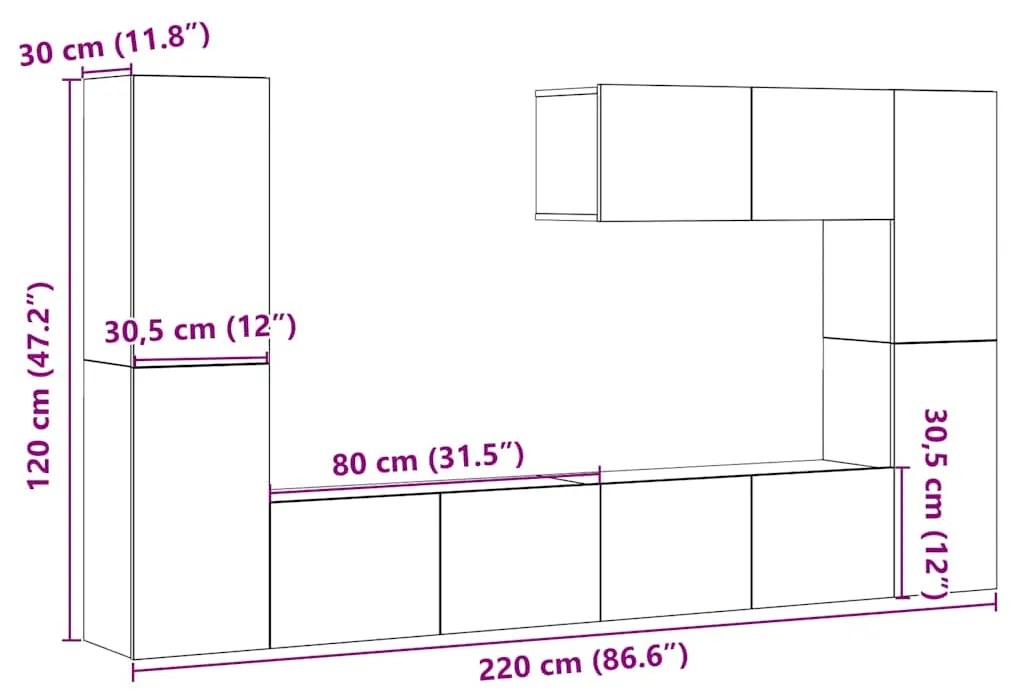 armários de TV montados na parede 7 pcs madeira velha