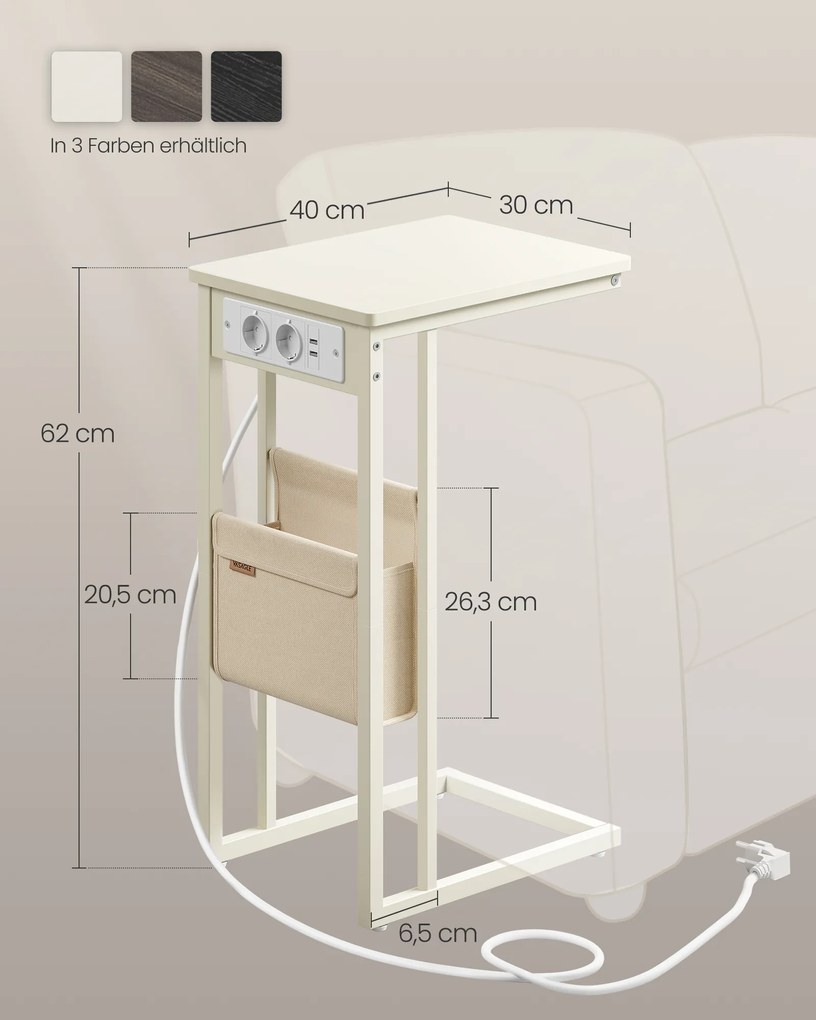 Mesa de apoio em forma de C com 2 tomadas AC branco creme