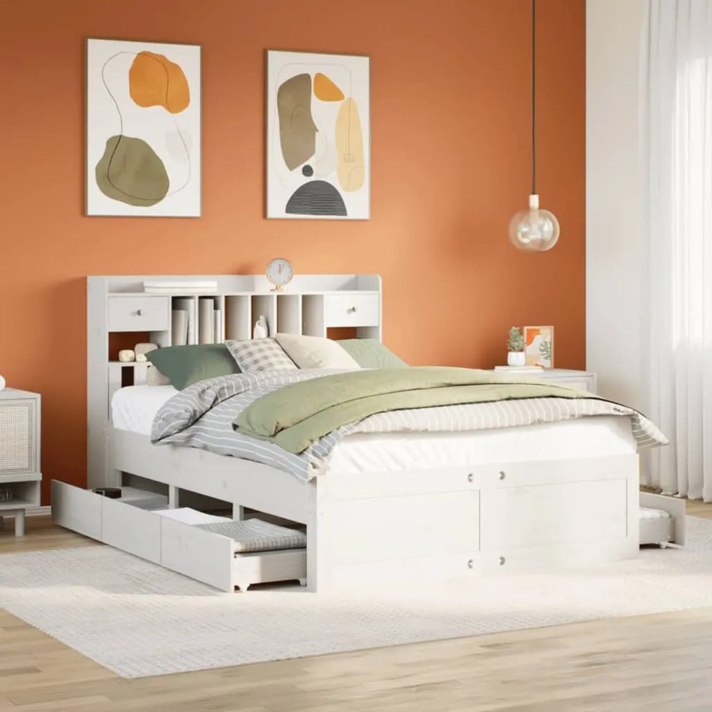 vidaXL Cama com estante sem colchão 150x200 cm pinho maciço branco