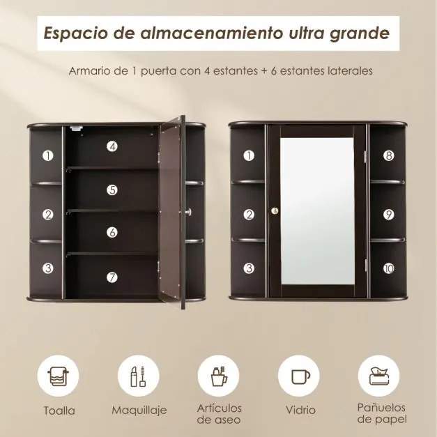 Armário de parede de madeira para casa de banho com espelho 65 x 17 x 64 cm Castanho