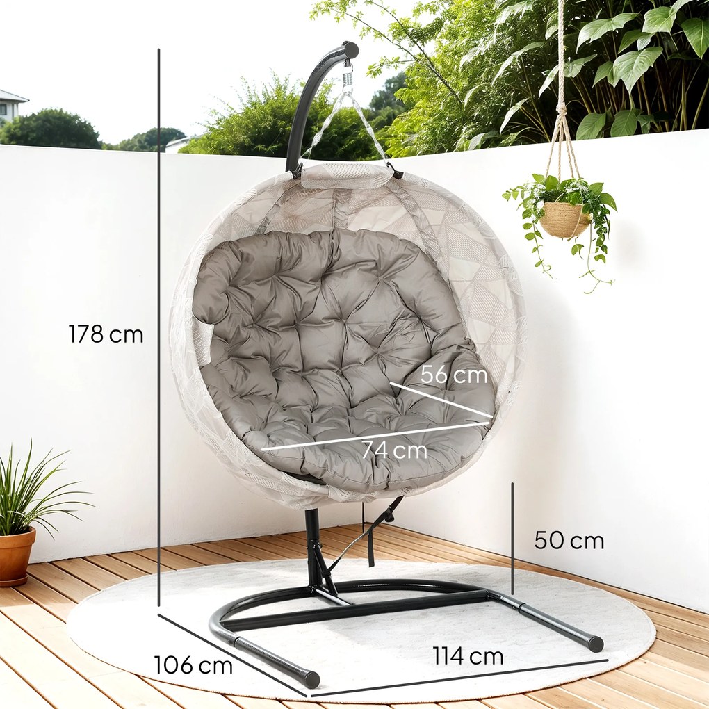 Cadeira Suspensa com Suporte Cesto Dobrável de Malha Dupla com Almofada e Apoio para Copos 106x114x178 cm Areia e Preto