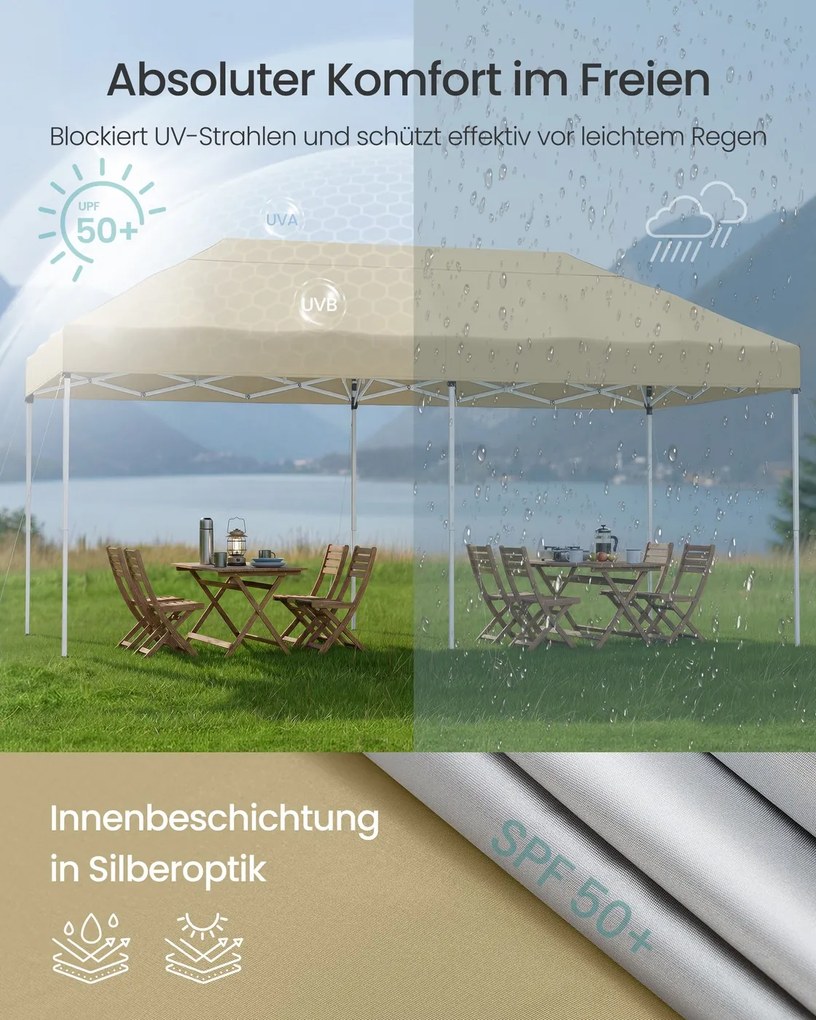 Tenda dobrável de 3 x 6 m para jardim e festas, com 6 paredes laterais, cor bege