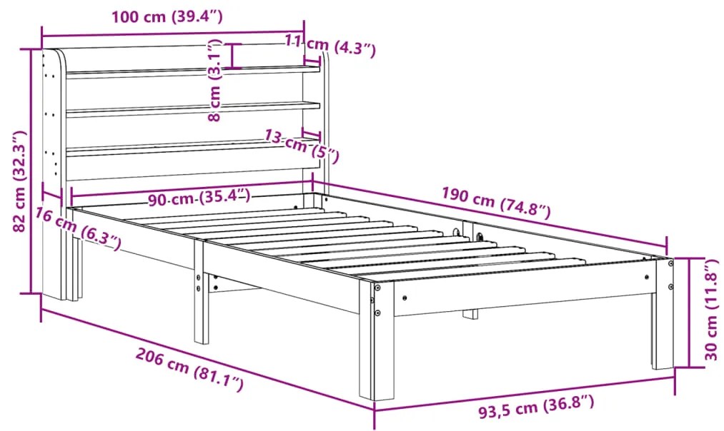 Estrutura de cama com cabeceira 90x190 cm pinho maciço