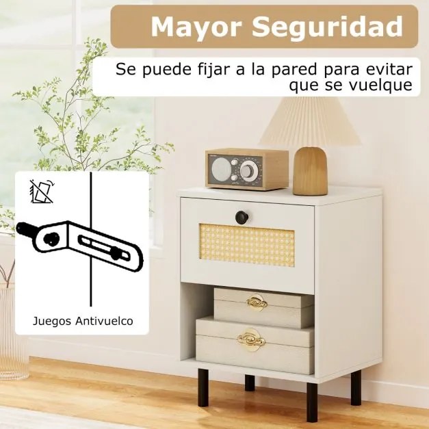 Mesa de cabeceira com gaveta estilo boémio, com pés de metal e compartimento aberto 40 x 30 x 52 cm Branca