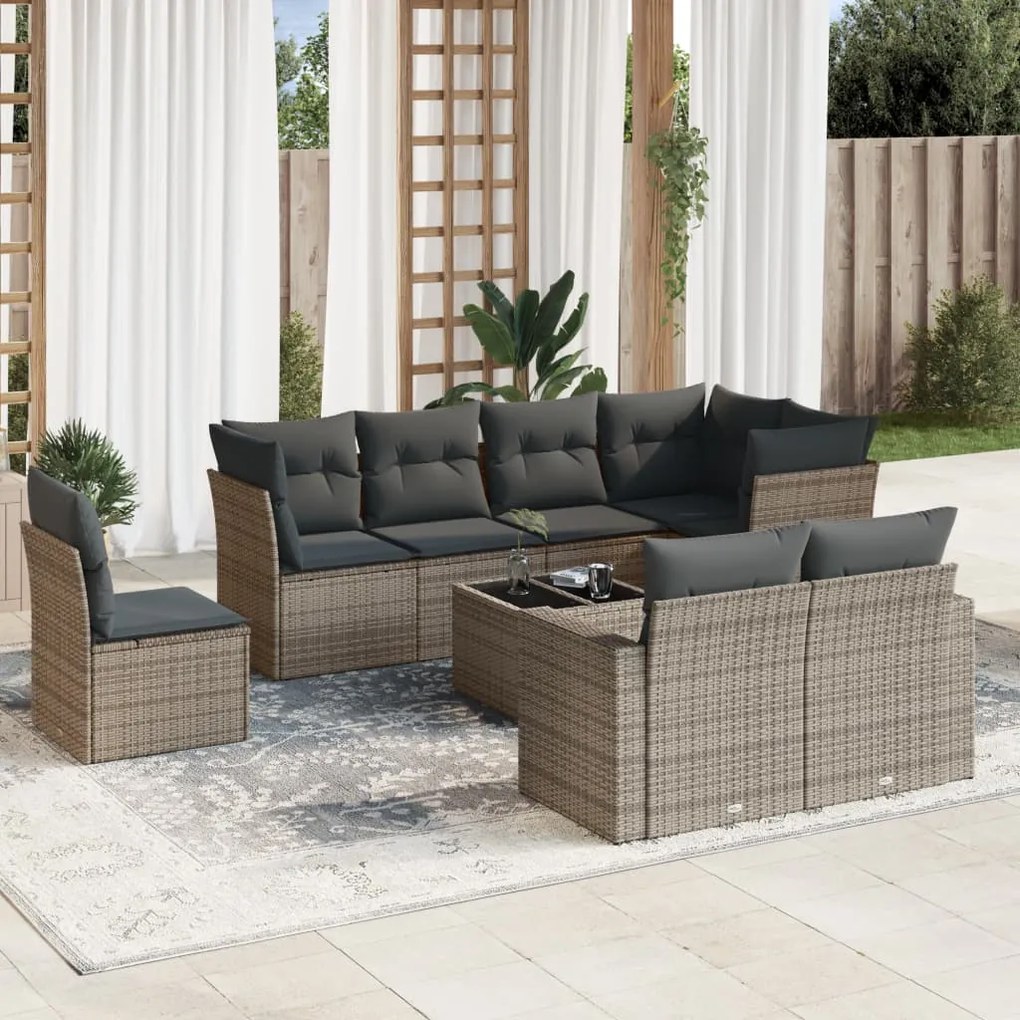 9 pcs conjunto sofás p/ jardim com almofadões vime PE cinzento