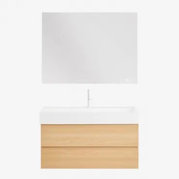 Conjunto De Móvel De Casa De Banho Suspenso Em Madeira E Folha De Freixo Com Lavatório Integrado Ona Madeira Natural & Retangular - Sklum