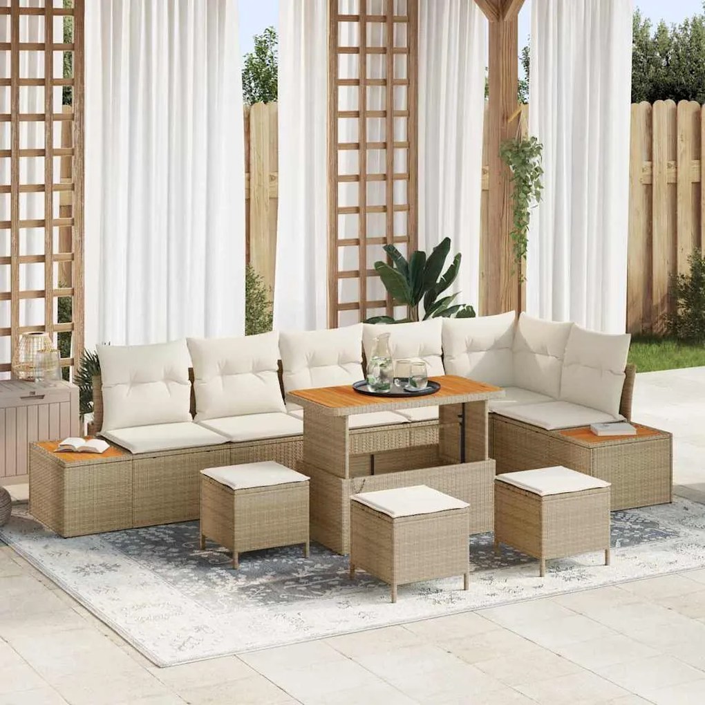 Conjunto de Sofá de Jardim vidaXL com 10 Peças e Almofadas Bege Poliratan Acácia