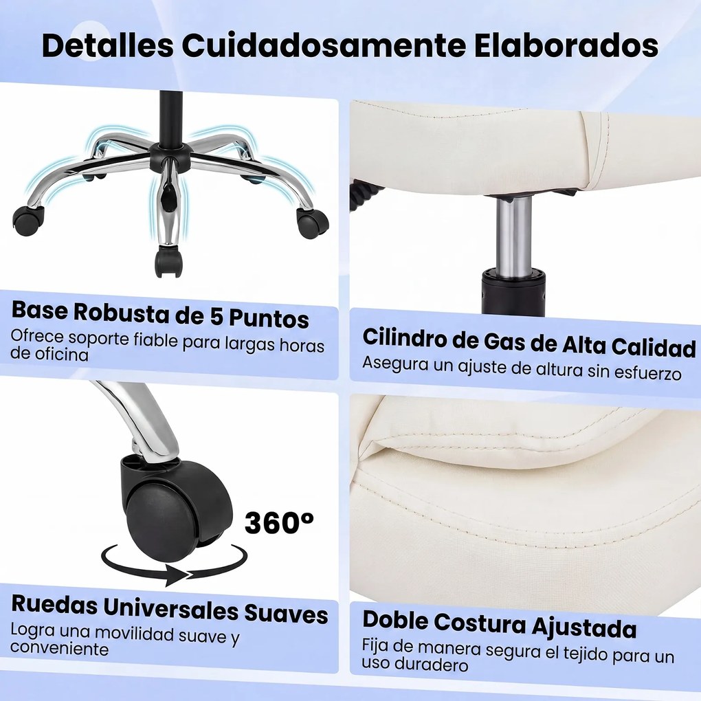 Cadeira de Escritório Ergonómica, 66 x 59-98 x 108-118 cm, Encosto Reclinável de 90-135°, Bege