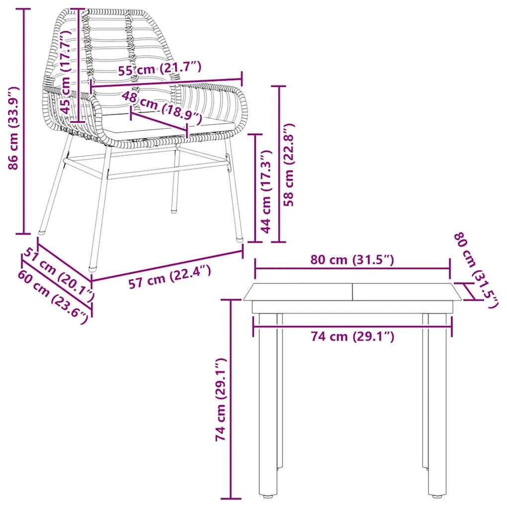 Conjunto jantar jardim 3 peças almofadas vidro vime PE castanho