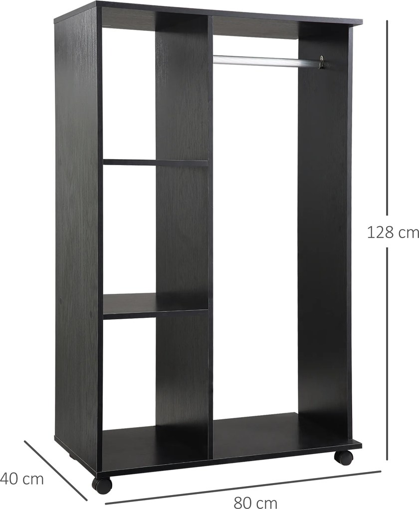 Guarda roupa de Madeira Móvel Armário Roupeiro Aberto com Barra para Pendurar e 3 Prateleiras Organizadoras 80x40x128 cm Preto