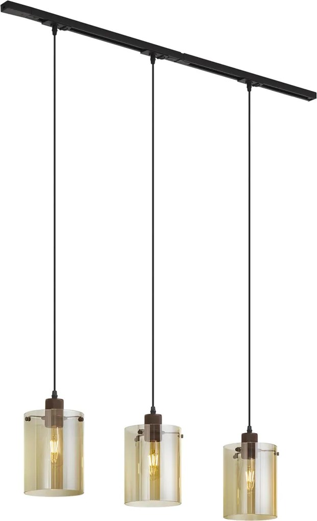 Sistema de calhas de iluminação moderno preto com 3 candeeiros suspensos de vidro âmbar monofásico - Iconic Dome
