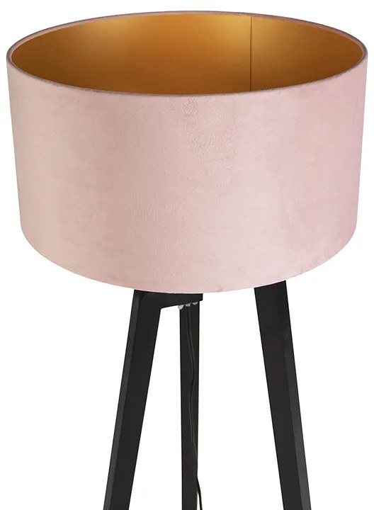 Candeeiro de pé tripé preto com cúpula rosa e dourado 50 cm - Puros Country / Rústico