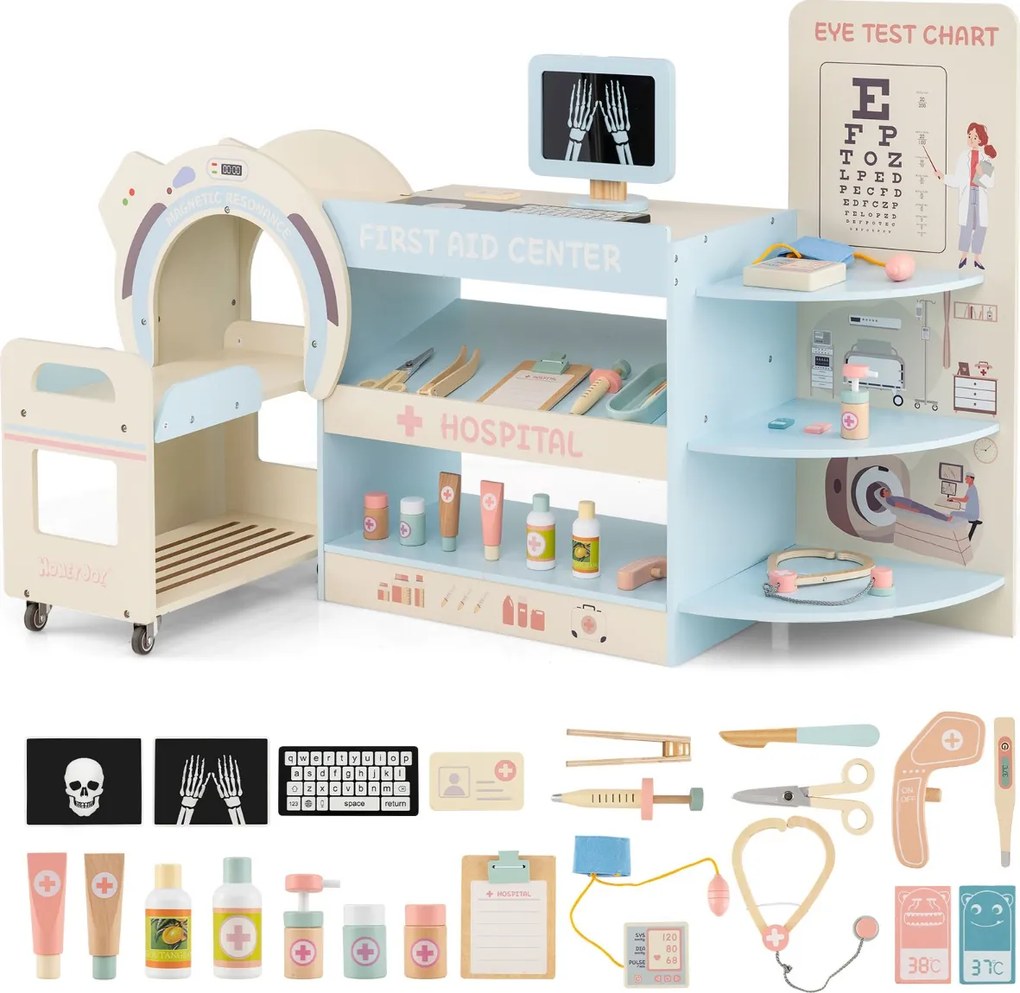 Conjunto de brincar aos médicos para crianças 115,5 x 30,5 x 72,5 cm com acessórios oftalmológicos e lâminas intercambiáveis para idades a partir dos