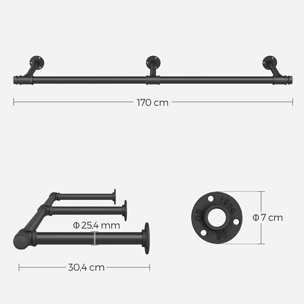 Varão para roupas para a parede 30,4 x 170 x 7 cm preto