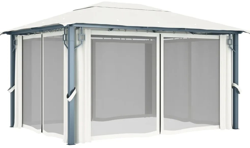 Gazebo com cortinas e cordões de luzes LED 4x3 m alumínio creme