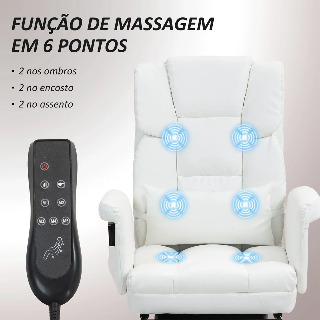 Cadeira de Escritório com Massagem em 6 Pontos Apoio para os Pés Retrátil Controlo Remoto e Suporte Lombar 69x65x115 cm Branco