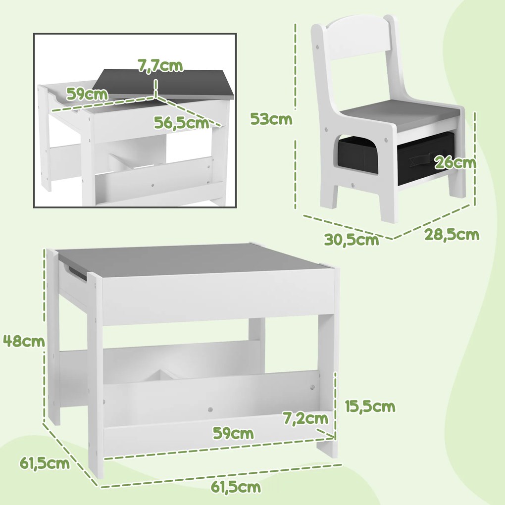 Conjunto de Mesa e 2 Cadeiras Infantis 2 em 1 com Ardósia Gavetas de Tecido e Espaço de Armazenamento para Quarto Cinza