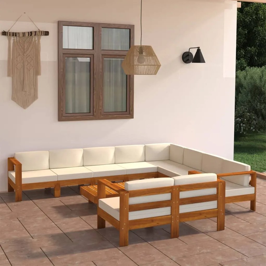 10 pcs conj. lounge de jardim c/ almofadões branco nata acácia