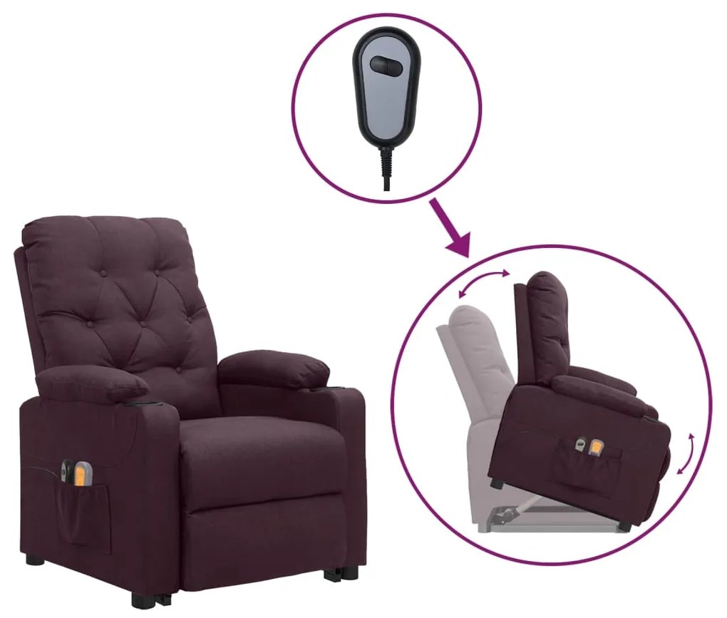 vidaXL Poltrona elevatória de massagens tecido roxo