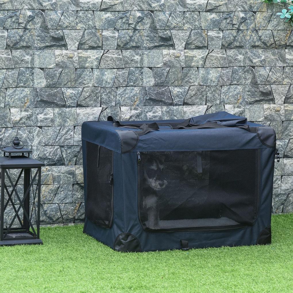 PawHut Transportadora Cães Gato Bolsa de Transporte Portátil e Transpirável para Animais de Estimação Dobrável com Almofada 3 Portas e Janela de Malha 2 Bolsos 80,5x57x57cm Azul Escuro
