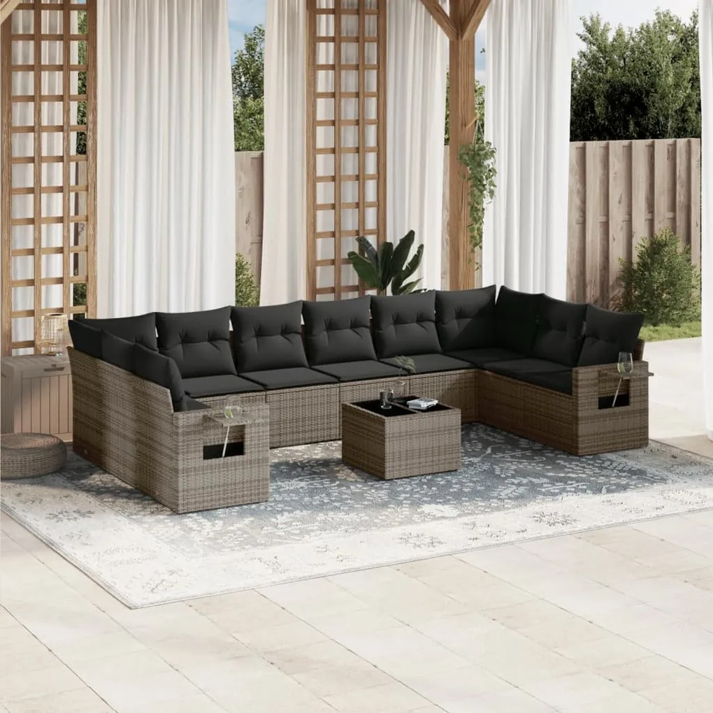 11 pcs conjunto sofás de jardim c/ almofadões vime PE cinzento