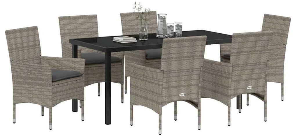 Conjunto de Jantar de Jardim com 7 Peças e Almofadas Cinza em Rattan P