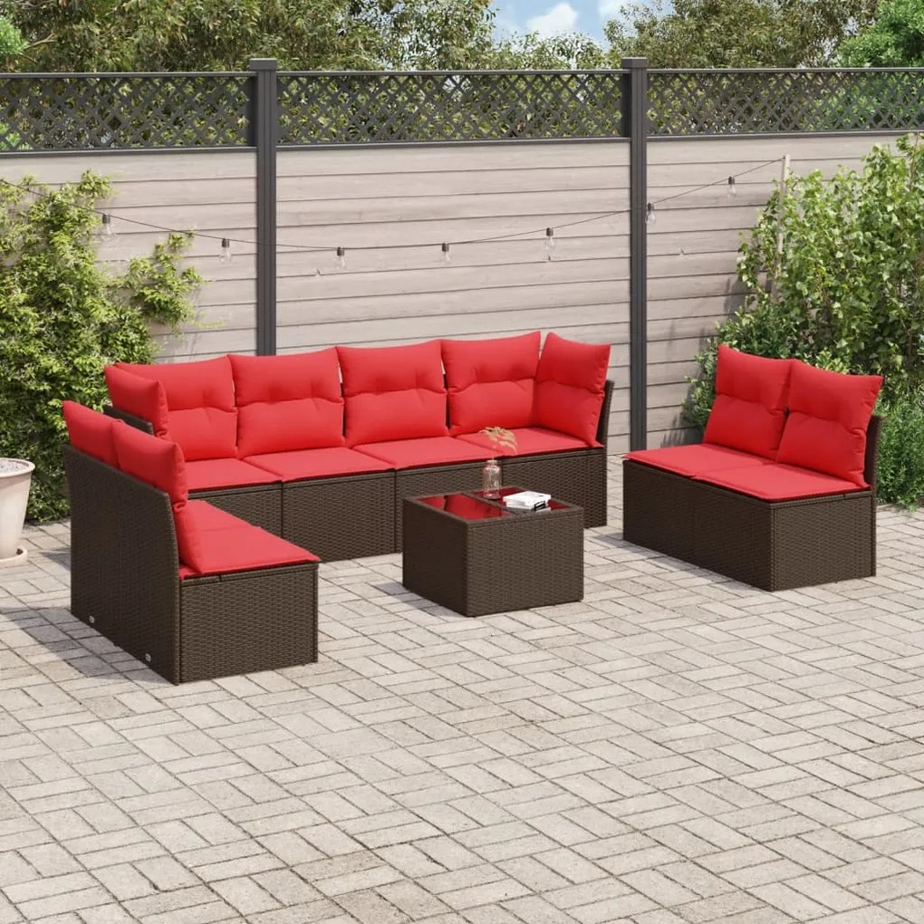 vidaXL 9 pcs conjunto sofás p/ jardim c/ almofadões vime PE castanho