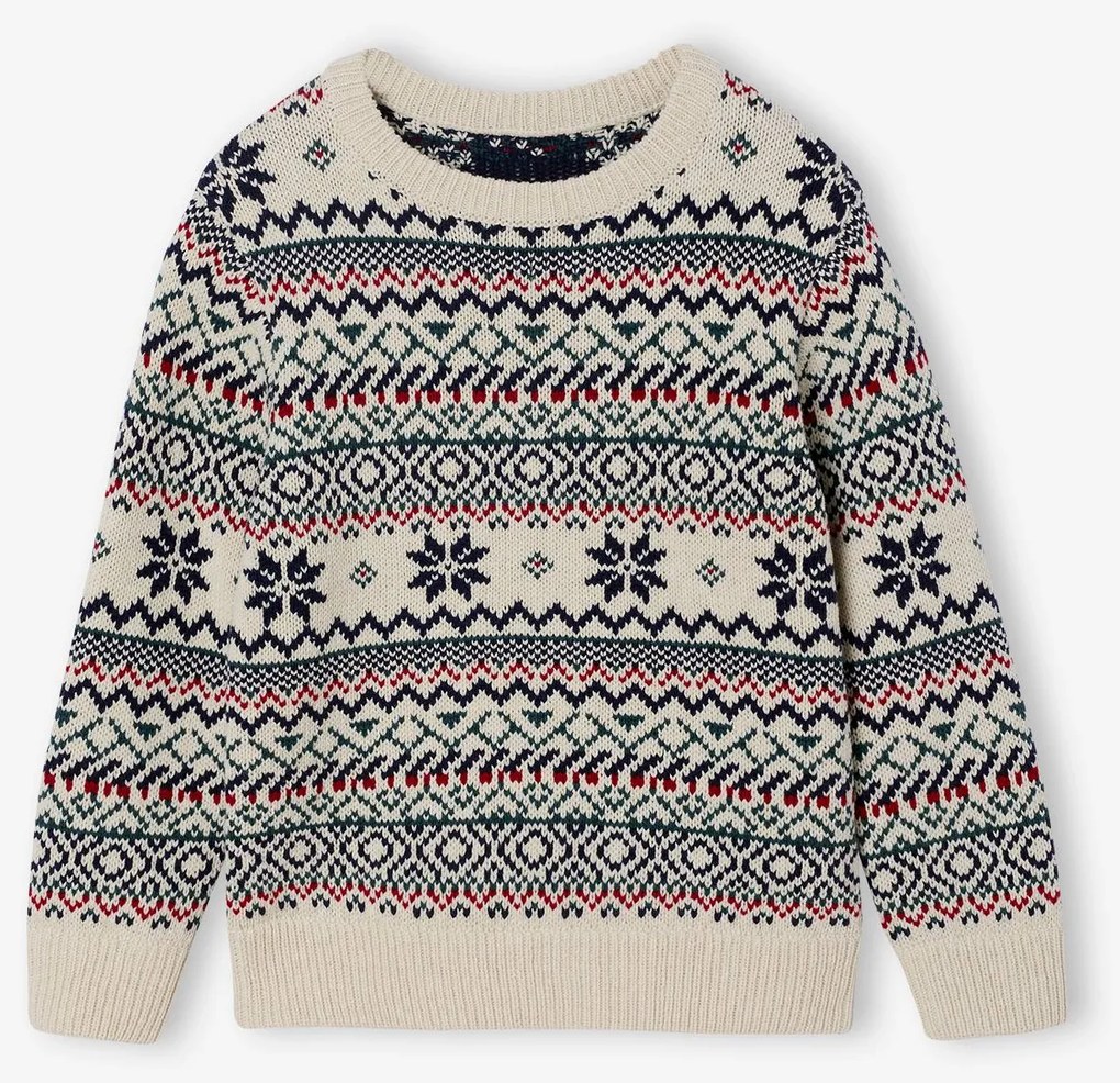 Camisola em jacquard, gola redonda, para menino branco estampado