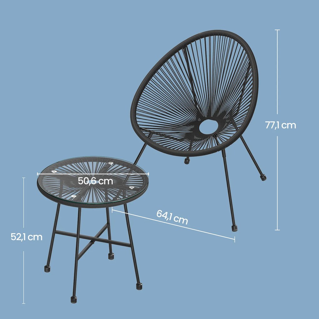 Conjunto de 3 móveis de varanda ou jardim acapulco com 2 cadeiras e uma mesa Preto
