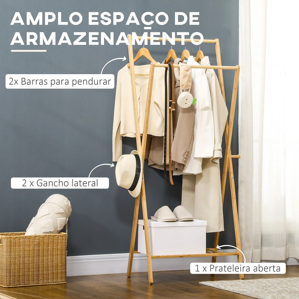 HOMCOM Suporte para Cabides de Bambu Porta Cabides com Prateleira para Sapatos 2 Barras e 2 Ganchos para Corredor Entrada Dormitório 74x42x150 cm Madeira