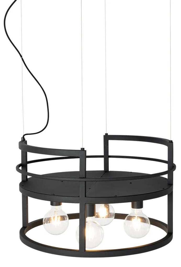 Candeeiro de suspensão industrial preto com rack redondo 4 luzes - Cage Rack Industrial