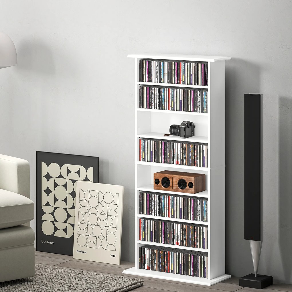 Organizador para CDs e DVDs com 8 compartimentos e 6 prateleiras ajustáveis 58 x 24 x 126,3 cm, capacidade máxima de 360 CDs/185 DVDs e Blu-rays, bran