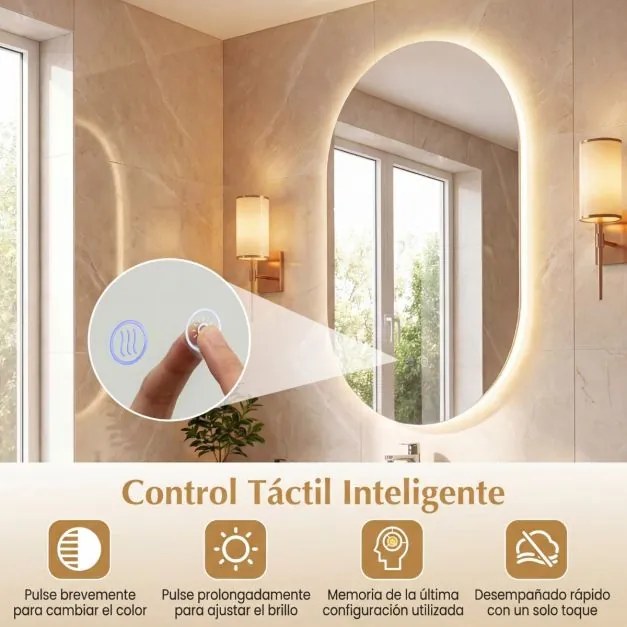 Espelho 80x50 cm ovalado iluminado de parede para casa de banho com retroiluminação LED 3 modos de cor ajustável antiembaciamento vidro temperado HD s