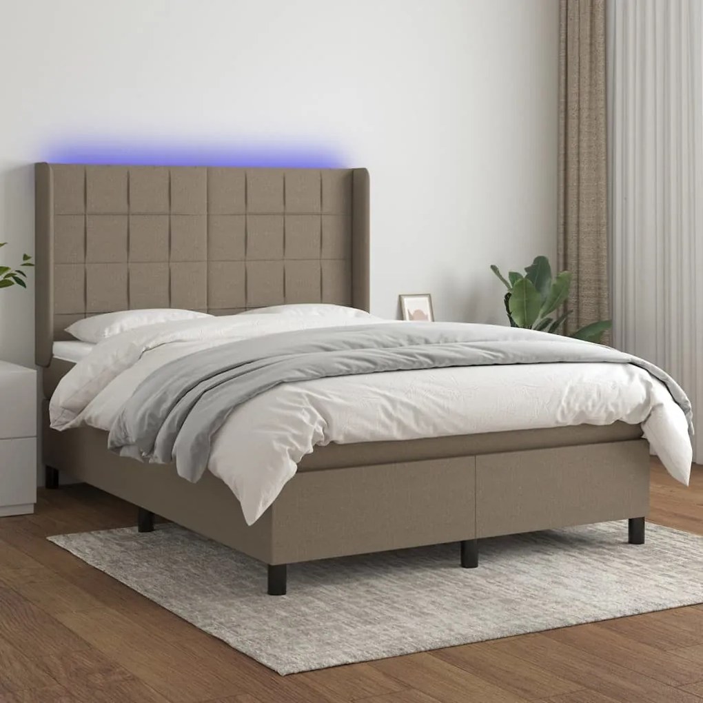 3138321 vidaXL Cama box spring colchão/LED 140x200 cm tecido cinza-acastanhado