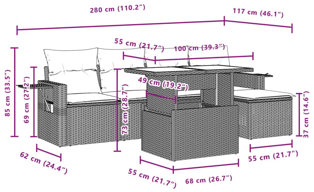 6 pcs conjunto sofás de jardim c/ almofadões vime PE preto