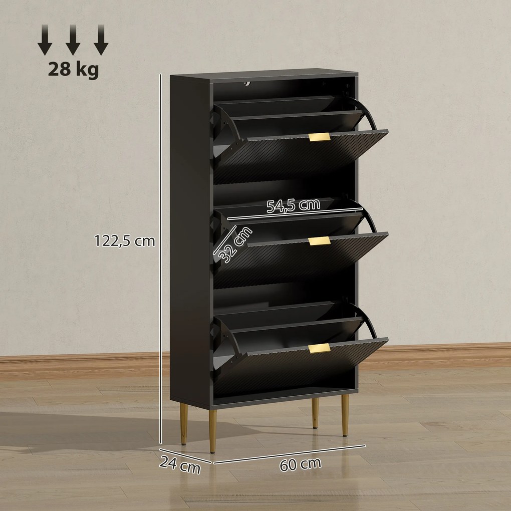Sapateira com capacidade para 18 pares 60 x 24 x 122,5 cm, com 3 gavetas rebatíveis, portas caneladas e prateleiras ajustáveis, preto