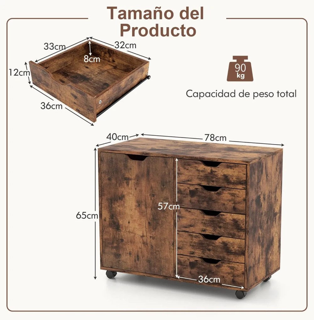 Arquivo escritório 78 x 40 x 65 cm com 5 gavetas com 4 rodas giratórias Café