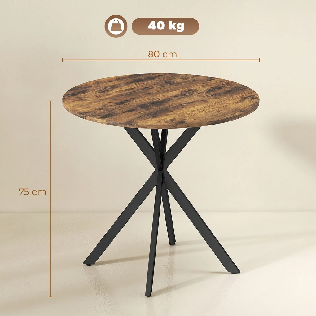 Mesa de Jantar Redonda, 80 x 80 x 75 cm (CADEIRAS NÃO INCLUIDAS), Estrutura Cruzada em Aço, Castanho Rústico