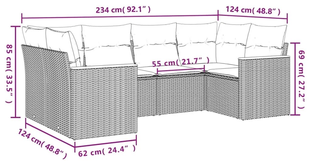 6 pcs conj. sofás jardim c/ almofadões vime PE bege misturado