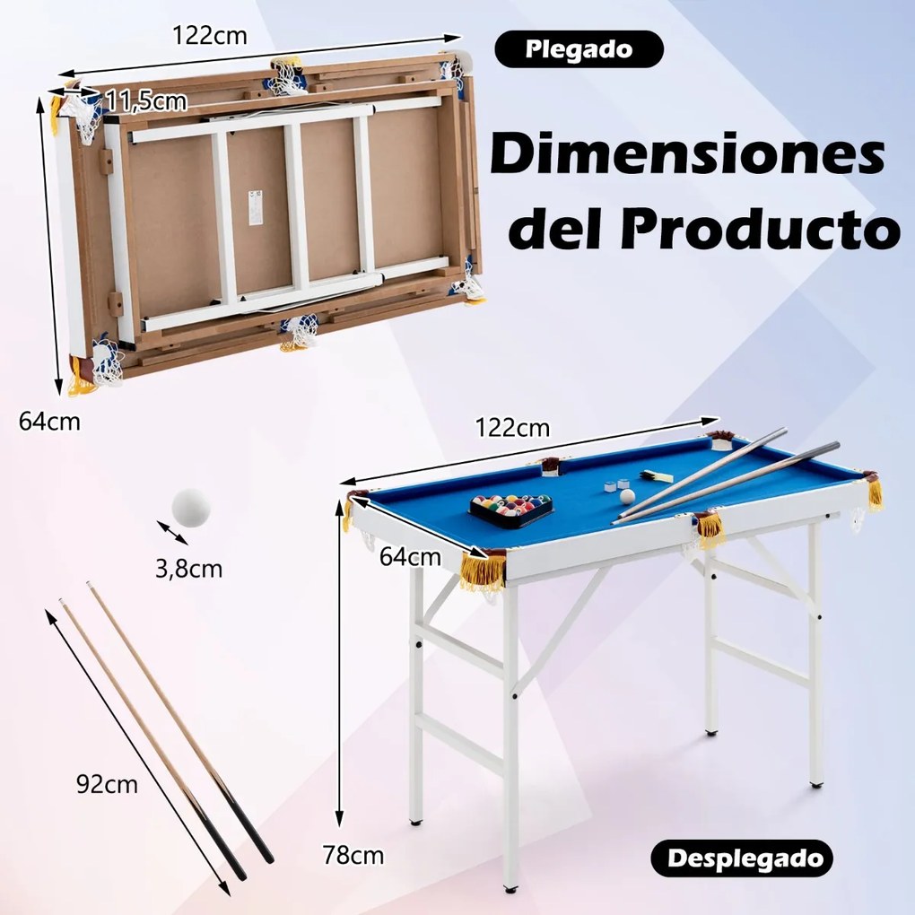 Mesa de Bilhar Portátil com Pernas Dobráveis e 16 Bolas, 2 Tacos, 2 Giz, Escova e Triângulo para Crianças e Adultos, 122 x 64 x 78 cm, Azul