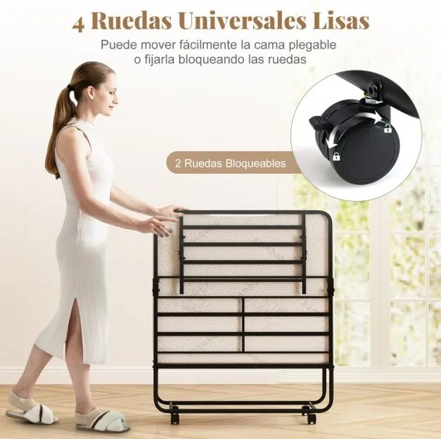 Cama portátil dobrável com colchão Estrutura metálica Rodas com fecho 194 x 90 x 40cm Branco