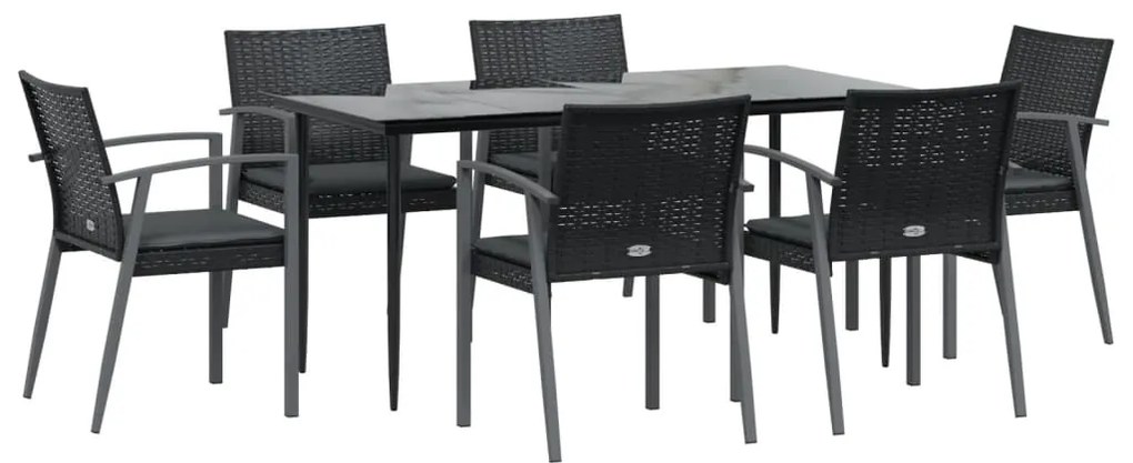 7 pcs conjunto de jantar p/ jardim c/ almofadões vime PE e aço