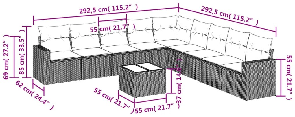 10 pcs conjunto sofás de jardim c/ almofadões vime PE preto