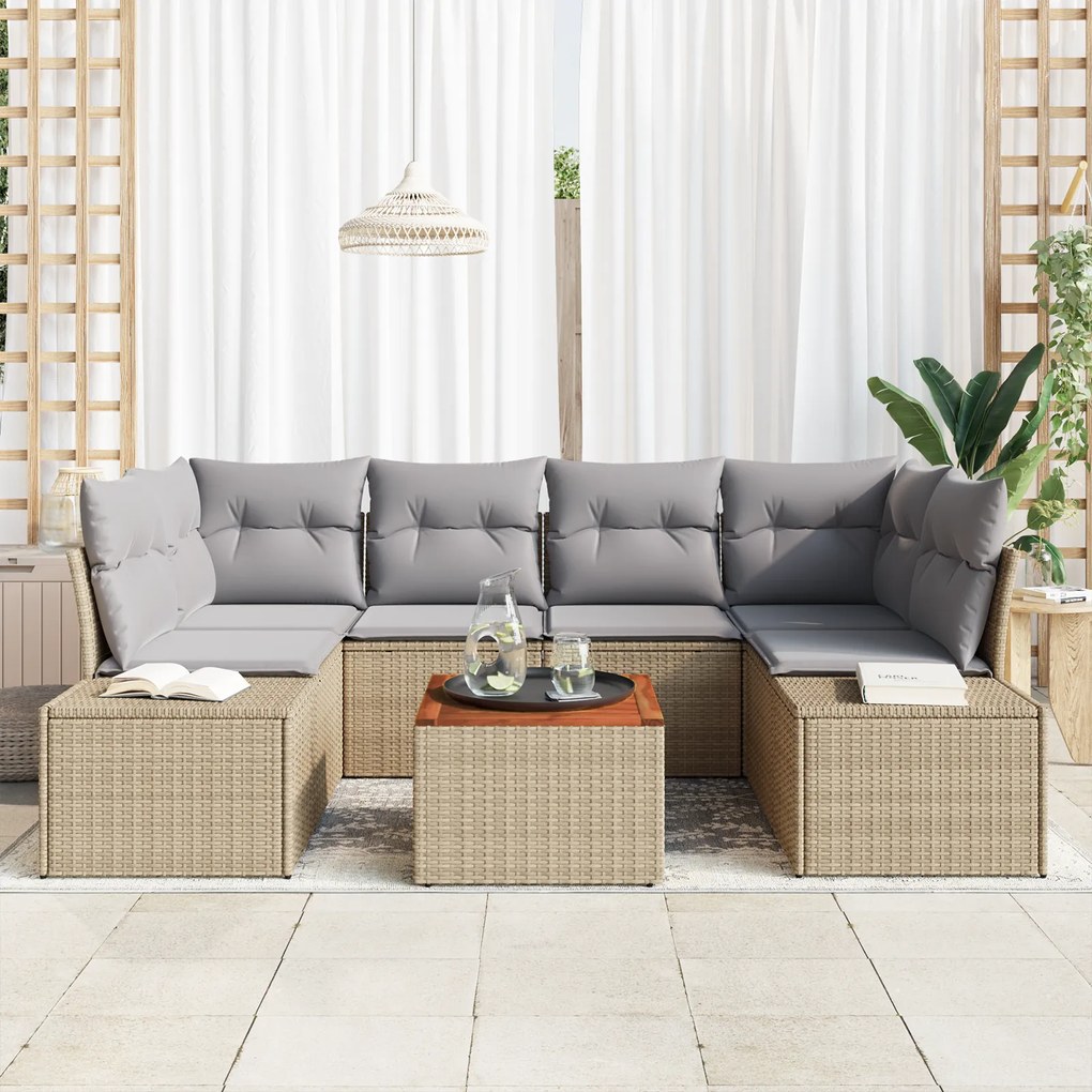 Conjunto de Sofás de Jardim de 7 Peças com Almofadas Bege Vime Acácia