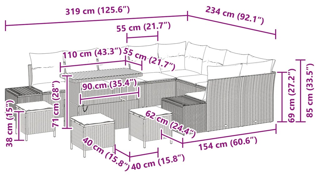 Conjunto de Sofá de Jardim com 13 Peças e Almofadas Bege Vime PE Acáci