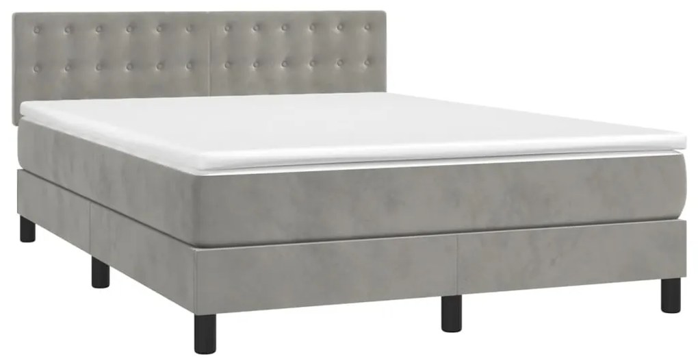Cama box spring c/ colchão/LED 140x200 cm veludo cinzento-claro