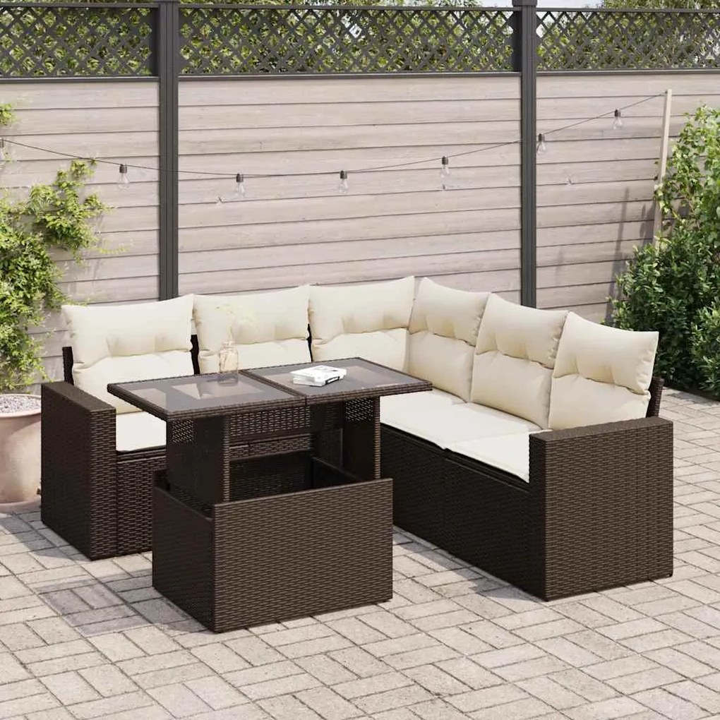 6 pcs conjunto de sofás jardim c/ almofadões vime PE castanho