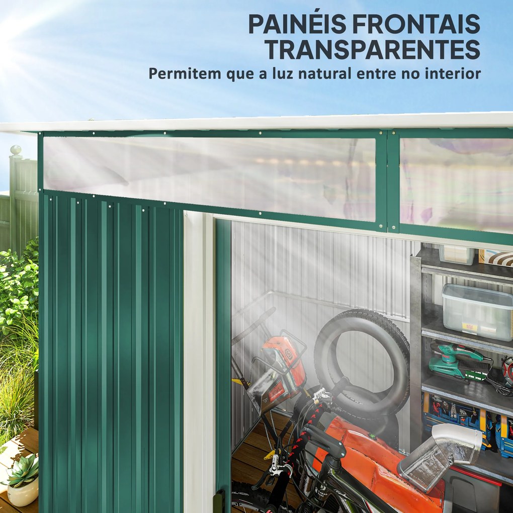 Abrigo de Jardim 4,5 m² 260x194x200 cm Abrigo Exterior Metálico com 2 Portas Deslizantes para Armazenamento de Ferramentas Verde