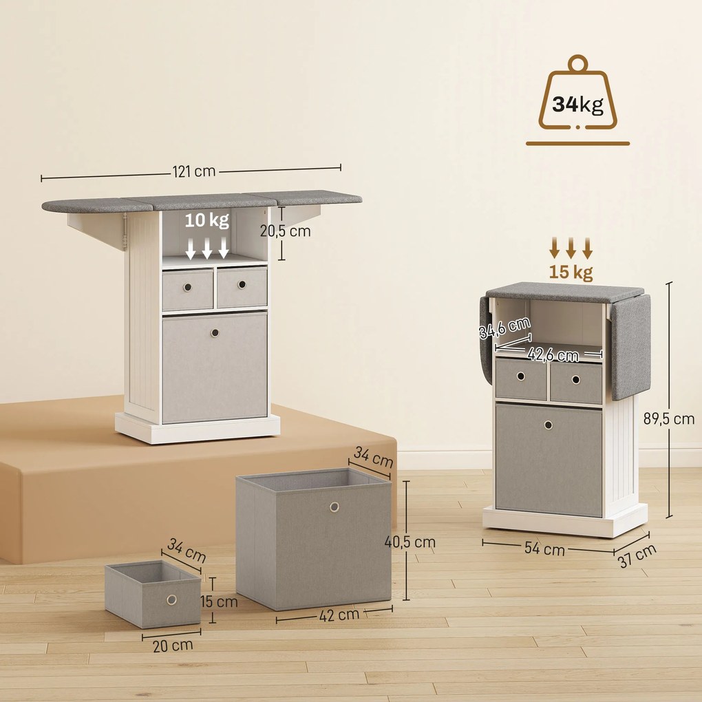 Móvel para Engomar Roupa com Rodas Tábua de Engomar Dobrável com 3 Gavetas Compartimento Aberto 121x37x89,5 cm Branco