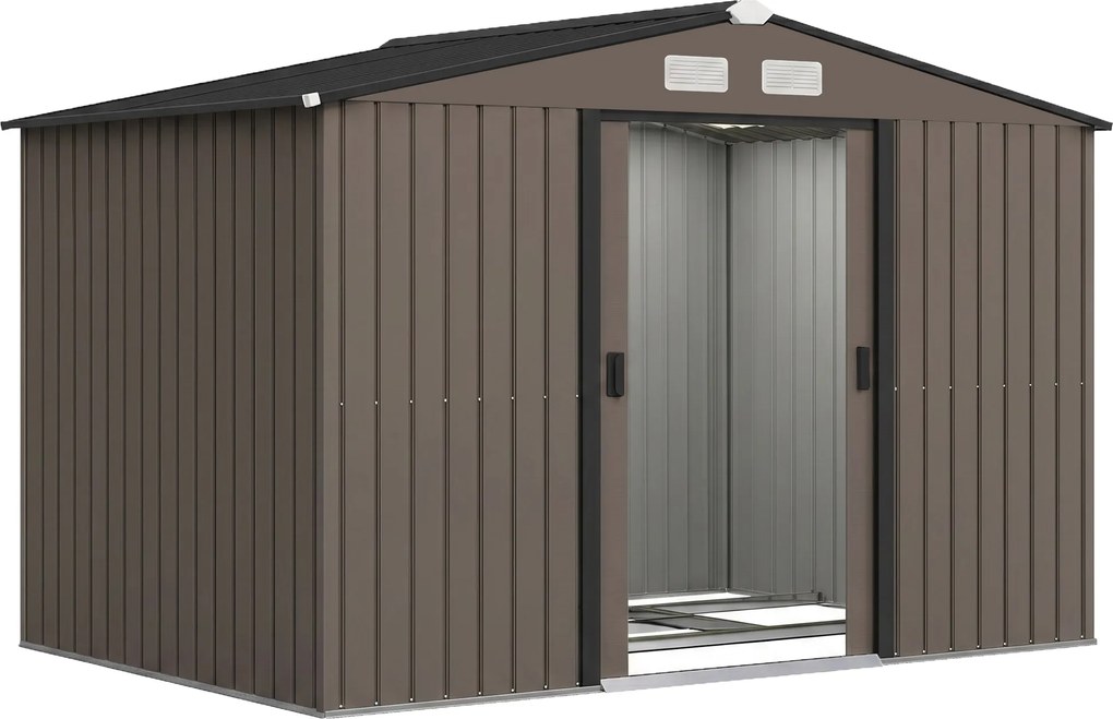 Outsunny Abrigo de Jardim Metálico de Exterior 277x195x192 cm para Armazenamento de Ferramentas com Base de Reforço Castanho Escuro | Aosom Portugal